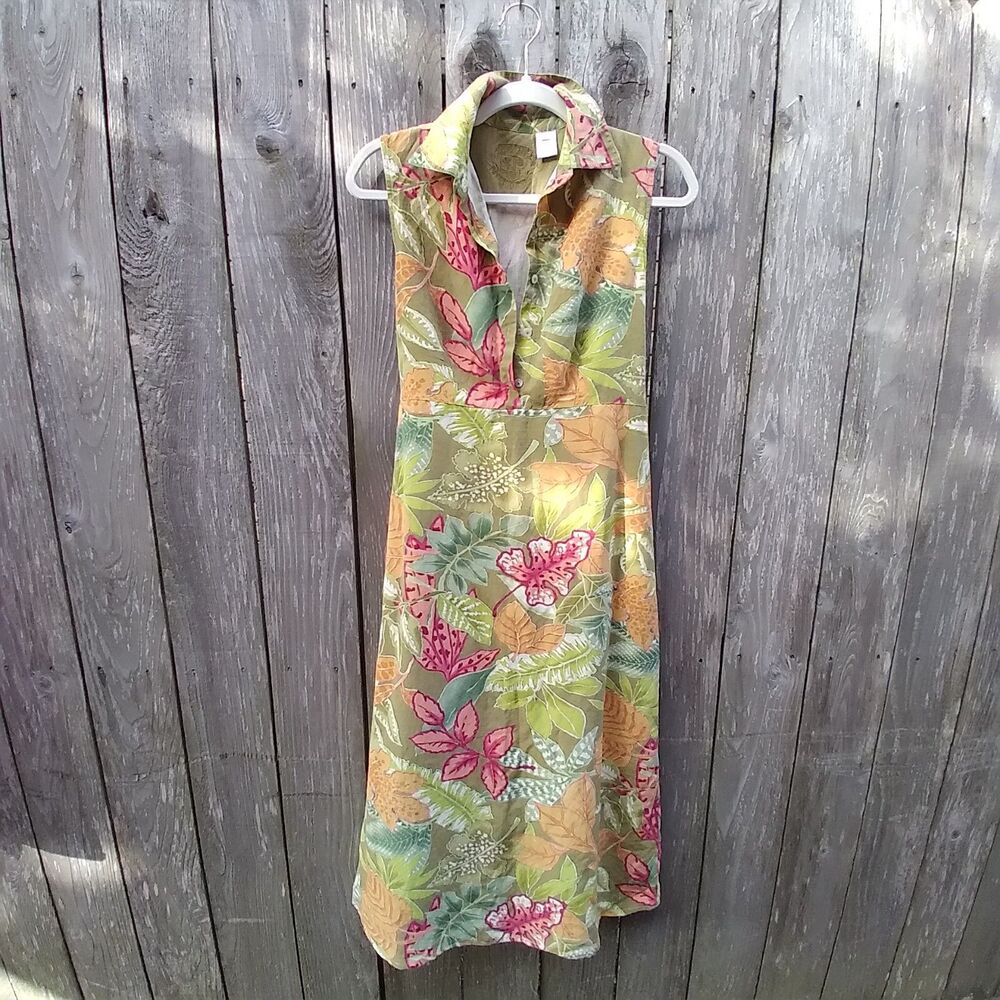 Pusser's West Indies silk linen shirt dress sz M green tropical floral
